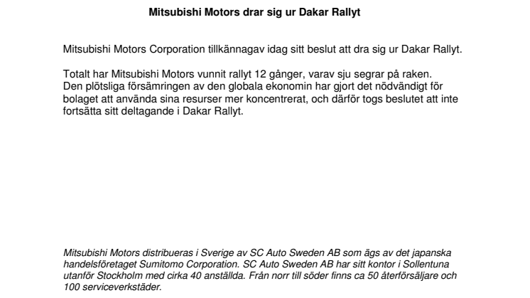 Mitsubishi Motors drar sig ur Dakar Rallyt