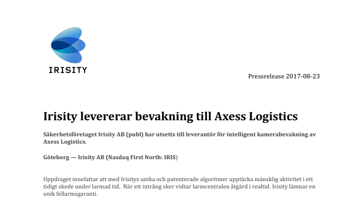 Irisity levererar bevakning till Axess Logistics