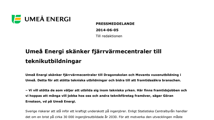 Umeå Energi skänker fjärrvärmecentraler till teknikutbildningar