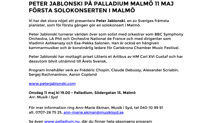 Peter Jablonski på Palladium Malmö 11 maj – första solokonserten i Malmö
