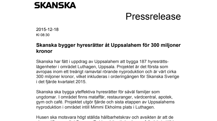 Skanska bygger hyresrätter åt Uppsalahem för 300 miljoner kronor