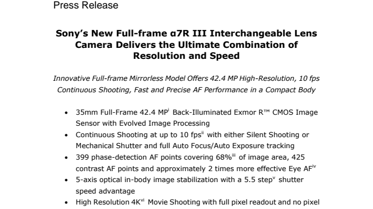 Sony lancerer α7R III fuldformatkamera med udskiftelige objektiver, som giver den ultimative kombination af opløsning og hastighed