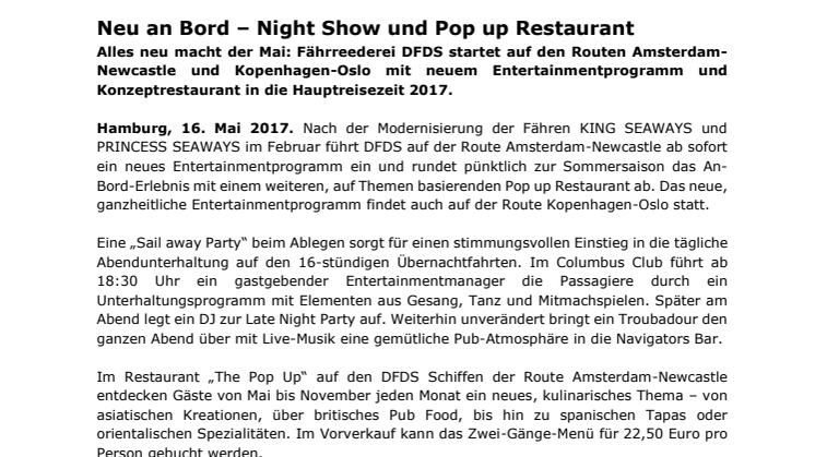 Neu an Bord – Night Show und Pop up Restaurant