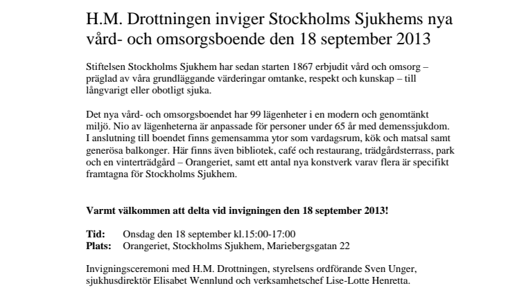 Pressinbjudan - Invigning av Stockholms Sjukhems nya vård- och omsorgsboende