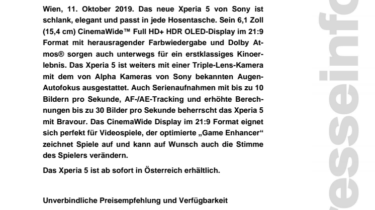 Xperia 5 von Sony ab sofort in Österreich erhältlich