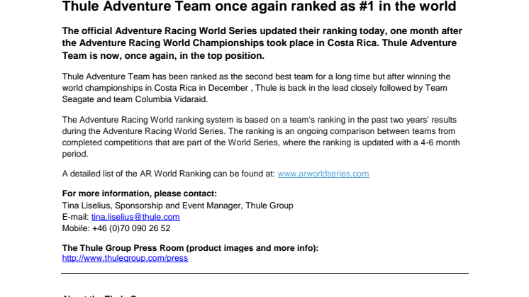 Thule Adventure Team once again ranked as #1 in the world