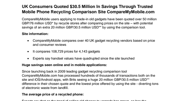 UK Consumers Quoted $30.5 Million In Savings Through Trusted Mobile Phone Recycling Comparison Site CompareMyMobile.com