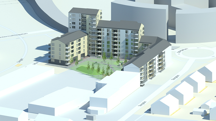 Illustration över möjlig ny bebyggelse. Arkinova Arkitekter. 
