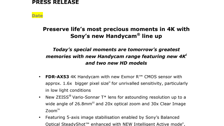 Sonyn uusi Handycam®-mallisto taltioi elämän tähtihetket 4K-tarkkuudella