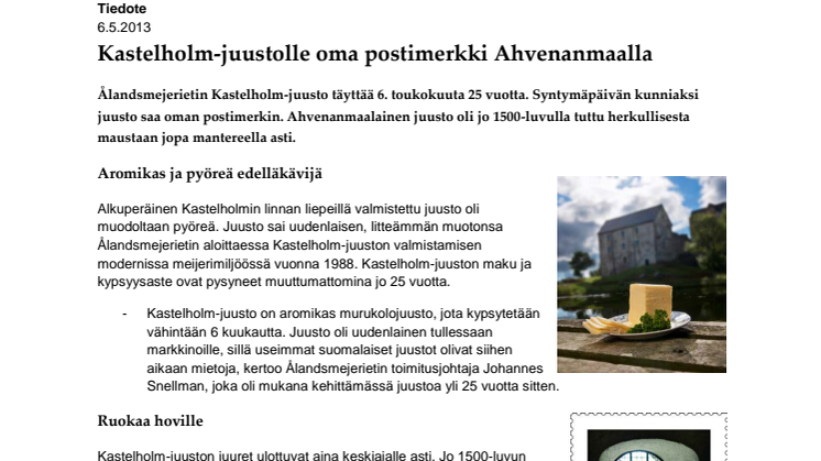 Ålandsmejerietin Kastelholm-juustolle oma postimerkki
