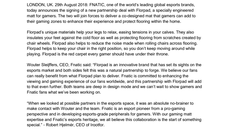 Taking your gaming zone to a new level: Fnatic and Florpad™ sign deal to design new matt for gamers