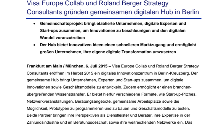 Visa Europe Collab und Roland Berger Strategy Consultants gründen gemeinsamen digitalen Hub in Berlin