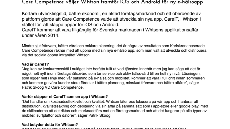 Care Competence väljer Whtson framför iOS och Android för ny e-hälsoapp