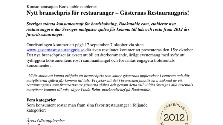 Bookatable lanserar nytt branschpris för restauranger - Gästernas Restaurangpris!