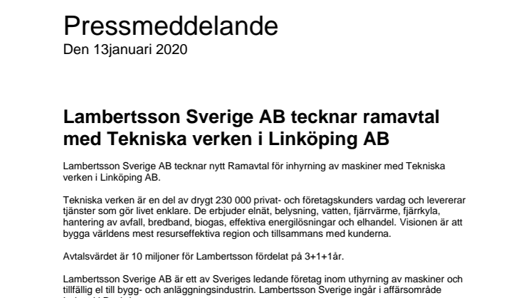 Lambertsson tecknar ramavtal med Tekniska Verken