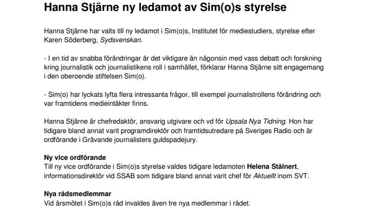 Hanna Stjärne ny ledamot av Sim(o)s styrelse