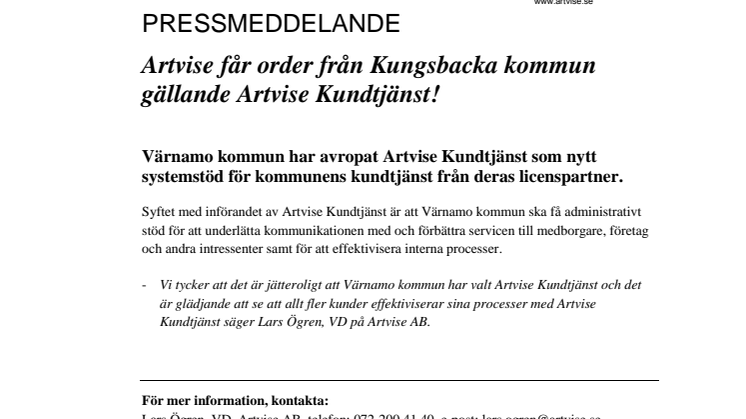 Artvise får order från Värnamo kommun gällande Artvise Kundtjänst