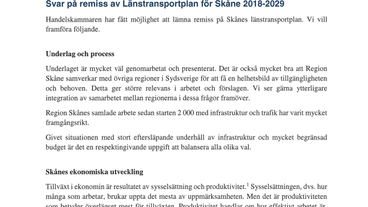 Svar på remiss av Länstransportplan för Skåne 2018-2029