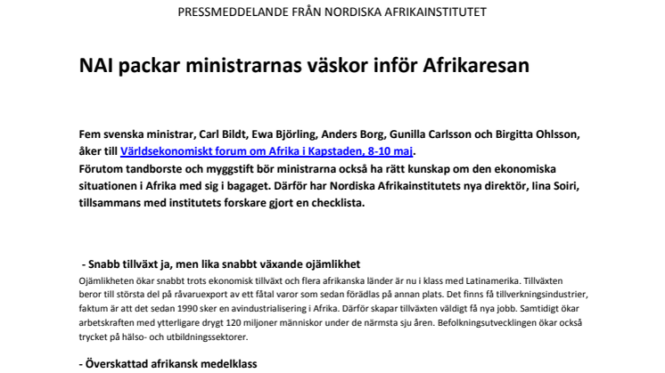 NAI packar ministrarnas väskor inför Afrikaresan