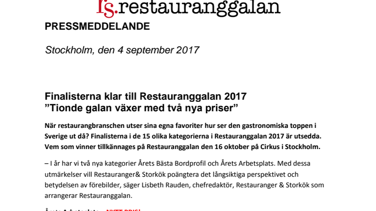 Finalisterna klar till Restauranggalan 2017 - ”Tionde galan växer med två nya priser”