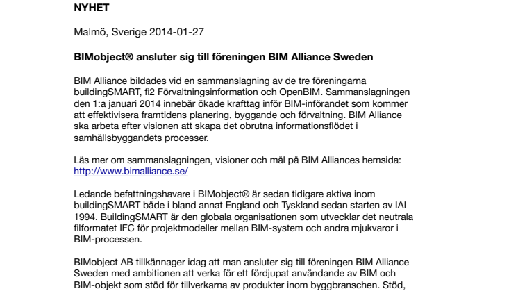 BIMobject® ansluter sig till föreningen BIM Alliance Sweden