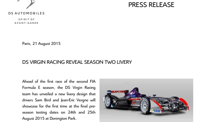 DS PERFORMANCE ny avdelning för motorsport. DS Virgin Racing visar första fotona på Formel E-bilen DSV-01 
