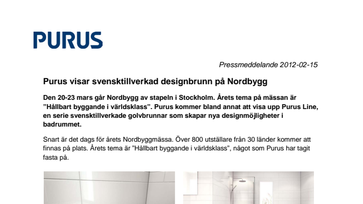 Purus visar svensktillverkad designad golvbrunn på Nordbygg
