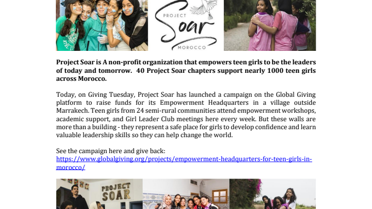 PROJECT SOAR LAUNCHES GIVING TUESDAY CAMPAIGN TO RAISE FUNDS TO HELP  MOROCCAN TEEN GIRLS