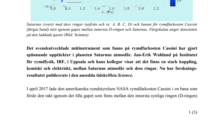 Elektrisk och kemisk koppling mellan Saturnus och dess ringar - svenskt forskningsresultat i Science