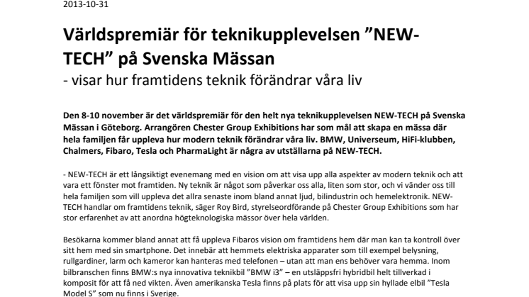 Världspremiär för teknikupplevelsen ”NEW-TECH” på Svenska Mässan - visar hur framtidens teknik förändrar våra liv