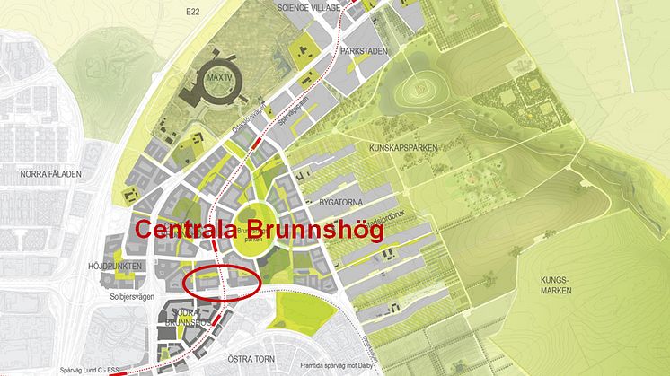 Markanvisningstävlingen för centrala Brunnshög avgjord. De fem aktuella byggrätterna ligger i det rödmarkerade området på bilden.