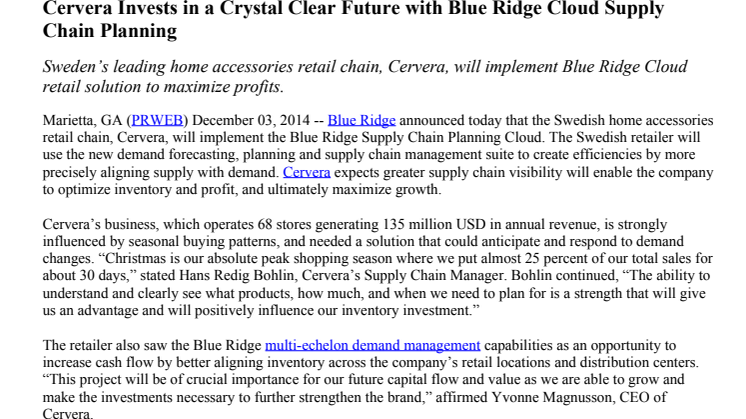 Cervera Invests in a Crystal Clear Future with Blue Ridge Cloud Supply Chain Planning 