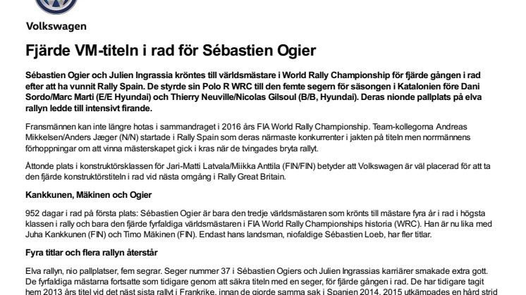 Fjärde VM-titeln i rad för Sébastien Ogier