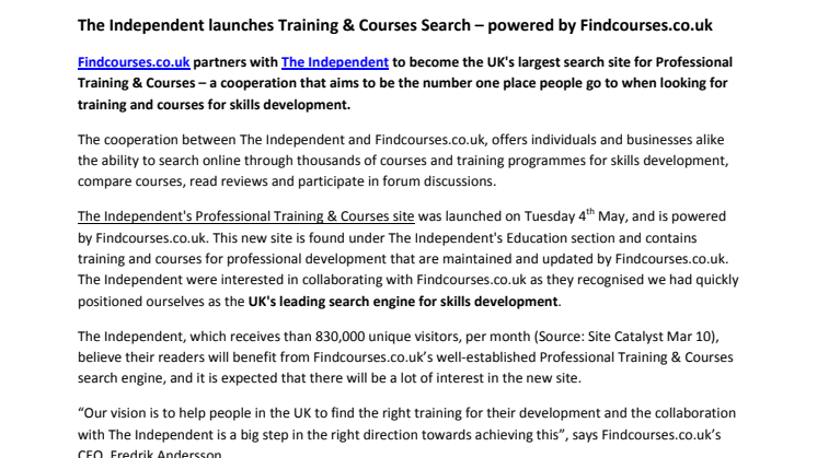 The Independent launches new Professional Training & Courses Site – powered by Findcourses.co.uk
