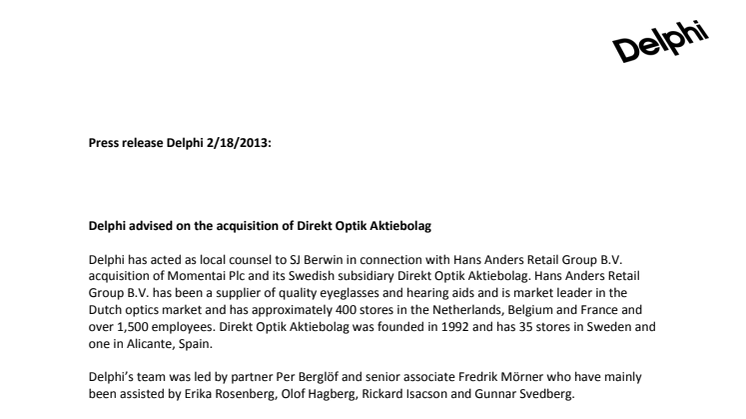 Delphi advised on the acquisition of Direkt Optik Aktiebolag
