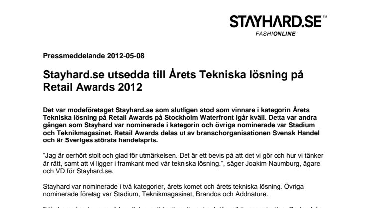 Stayhard.se vann pris för Årets Tekniska lösning på Retail Awards 2012