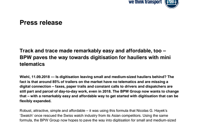 Track and trace made remarkably easy and affordable, too – BPW paves the way towards digitisation for hauliers with mini telematics