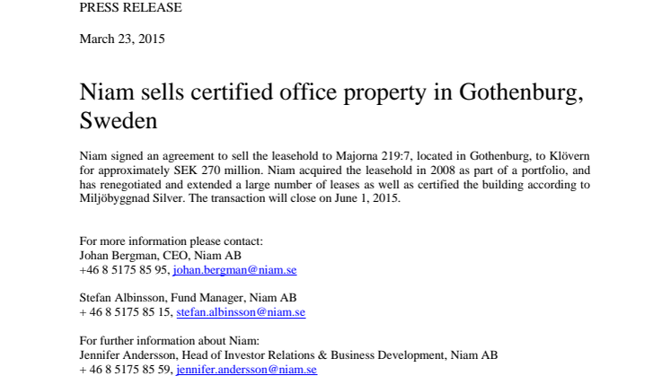 Niam sells certified office property in Gothenburg, Sweden