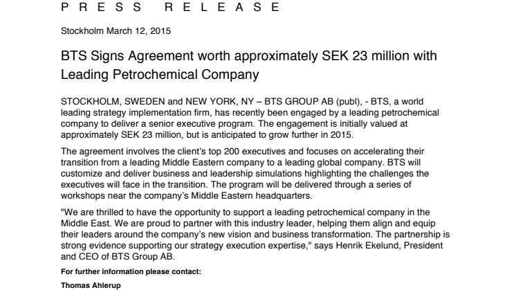 BTS Signs Agreement worth approximately SEK 23 million with Leading Petrochemical Company