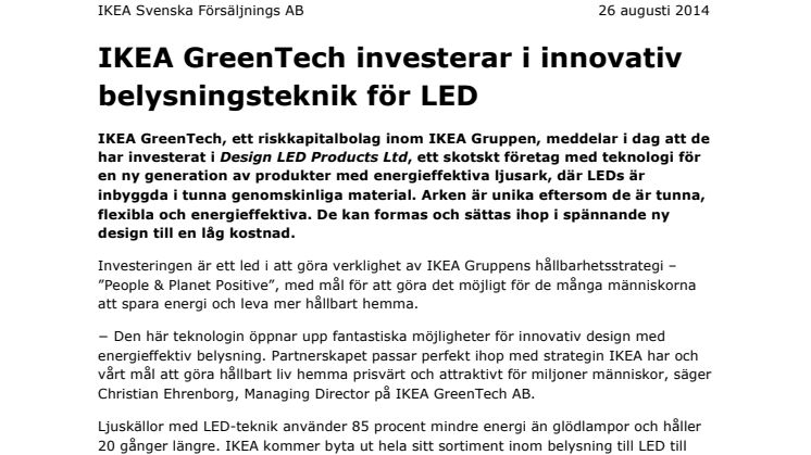 IKEA GreenTech investerar i innovativ belysningsteknik för LED