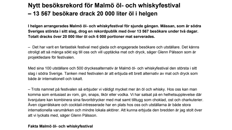 Nytt besöksrekord för Malmö öl- och whiskyfestival – 13 567 besökare drack 20 000 liter öl i helgen
