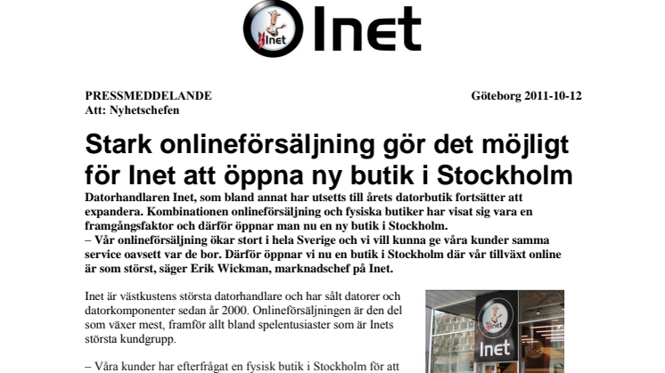 Stark onlineförsäljning gör det möjligt för Inet att öppna ny butik i Stockholm