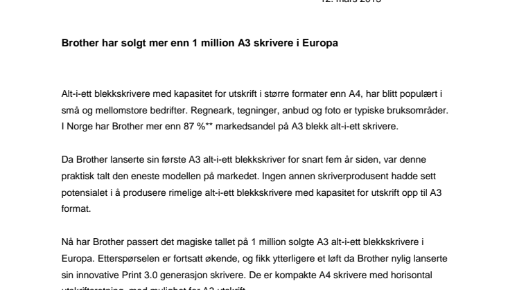 Brother har solgt mer enn 1 million A3 skrivere i Europa