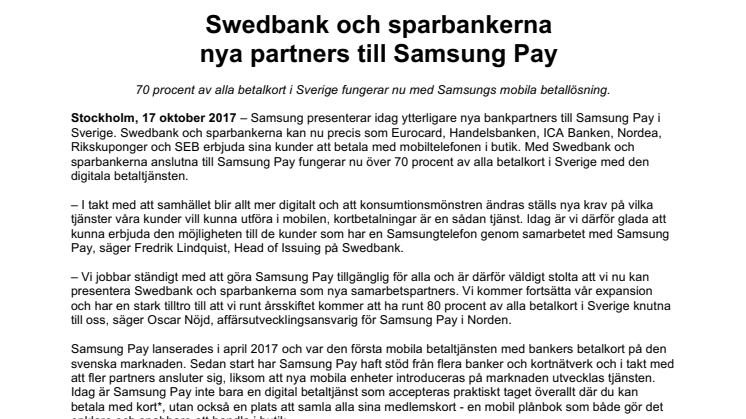 Swedbank och sparbankerna  nya partners till Samsung Pay