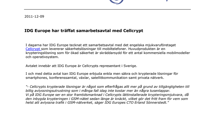 IDG Europe har träffat samarbetsavtal med Cellcrypt