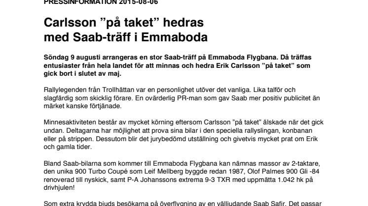 Carlsson ”på taket” hedras med Saab-träff i Emmaboda