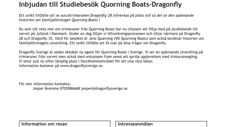 Inbjudan studiebesök Quorning Boats -Dragonfly DK