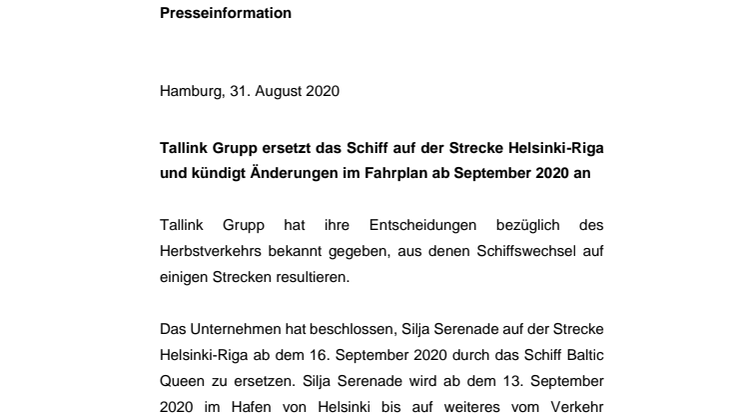 Tallink Grupp ersetzt das Schiff auf der Strecke Helsinki-Riga und kündigt Änderungen im Fahrplan ab September 2020 an