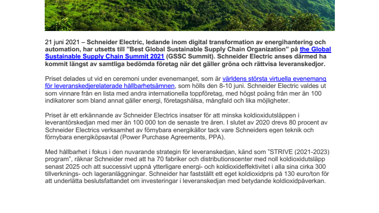 Schneider Electric utnämns till den främsta globala supply chain-organisationen gällande klimatåtgärder i hela sitt ekosystem