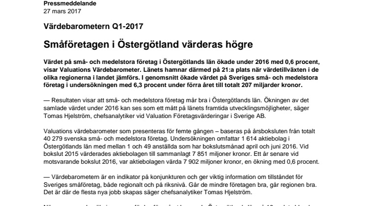 Värdebarometern Q1-2017 Östergötlands Län